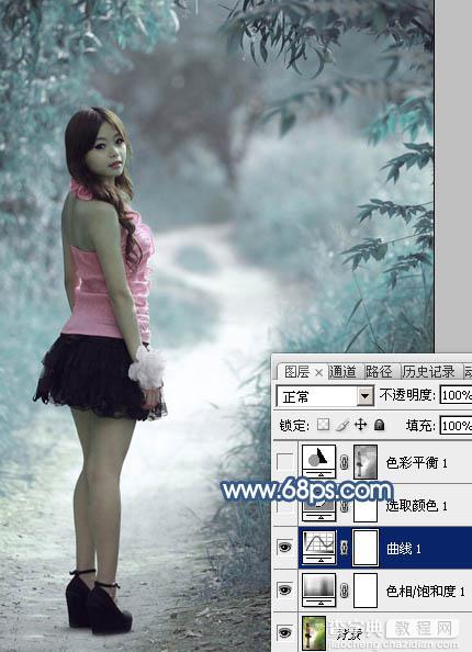 Photoshop为树景美女图片打造梦幻的冷调青蓝色9