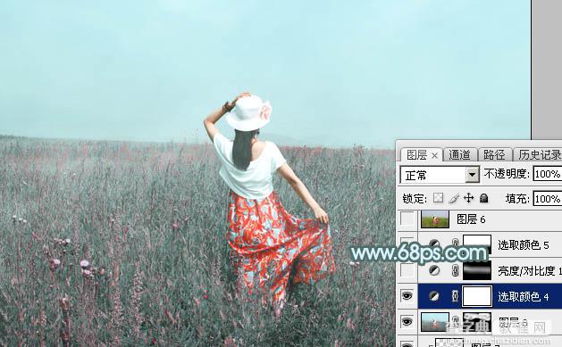 Photoshop为花丛中的美女图片打造柔美的中性淡青色32