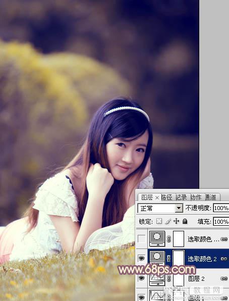 Photoshop将草地上的美女调制出柔美的橙紫色17