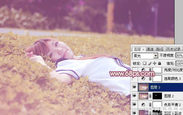 Photoshop将躺草地上的美女打造出柔和的秋季红褐色29