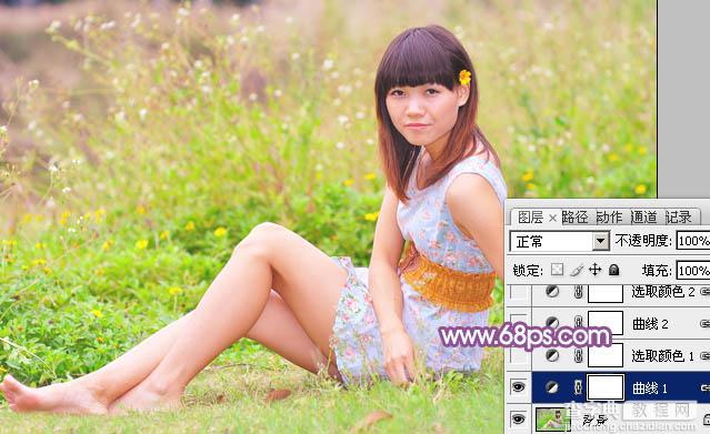 Photoshop将坐在草地上人物图片调制出淡淡的暖紫色4