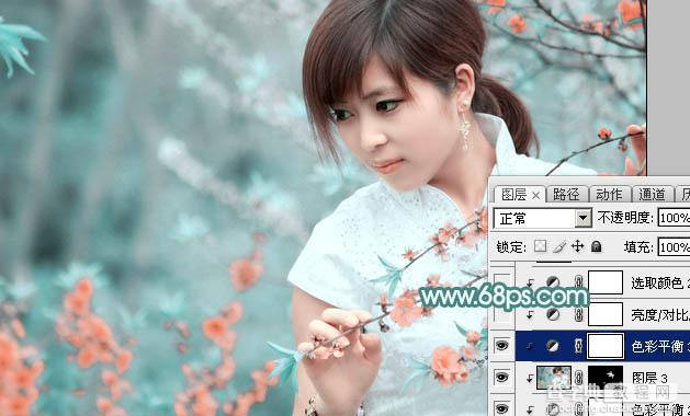 Photoshop将桃花林中的美女加上清爽的古典淡青色26