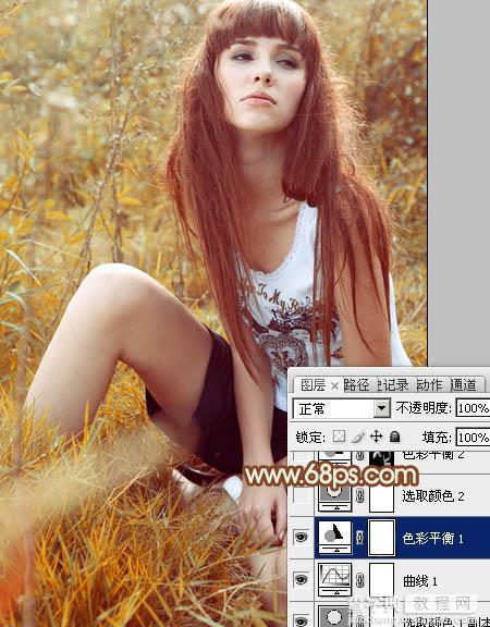 Photoshop将坐草地的美女增加上秋季橙色调15