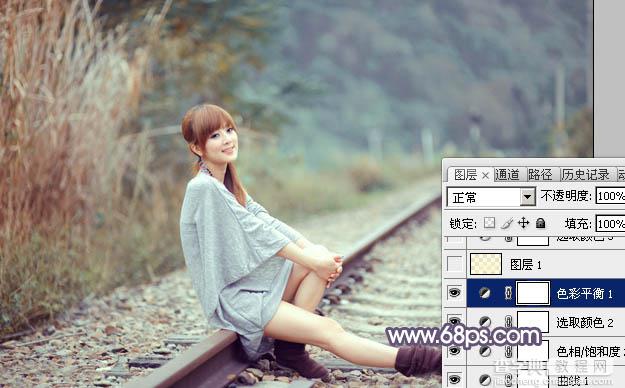 Photoshop为铁轨上的美女加上甜美的中性粉调蓝黄色27