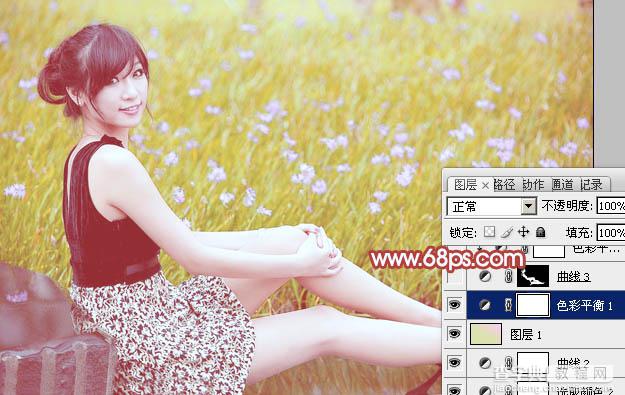 Photoshop为草地上的美女加上小清新的粉黄色21