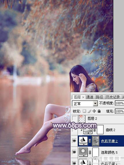 Photoshop将湖景美女图片打造出冷暖对比的冷调蓝紫色36