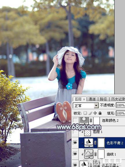 Photoshop给公园长凳上的美女调制出秋季蓝黄色17