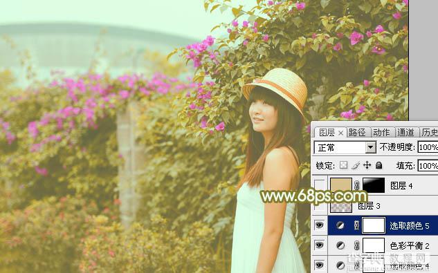 Photoshop将花草围墙边的美女图片调制柔和的韩系黄褐色41