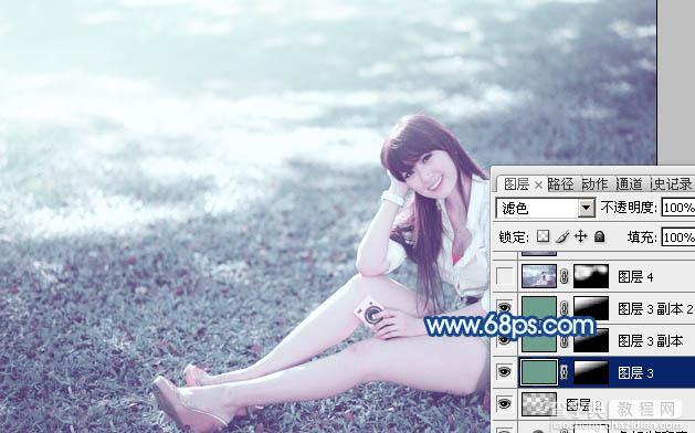 photoshop利用通道替换打造唯美的青蓝色草地美女图片28