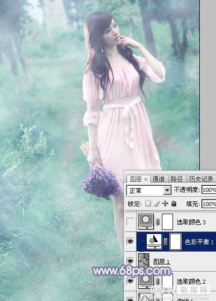 Photoshop给树林中的美女加上梦幻的青蓝色17