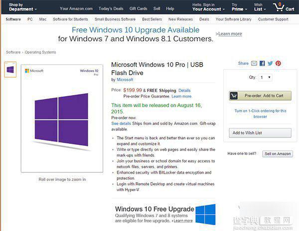 U盘版Win10家庭版和专业版在美国亚马逊开启预订:家庭版120美元2
