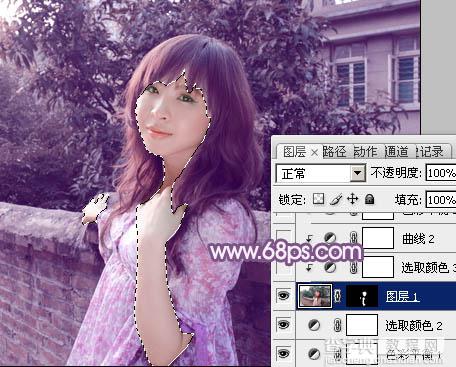 photoshop将靠在围墙边的美女图片调制出甜美的暗紫色20