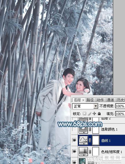 Photoshop为竹林婚片调制出梦幻复古的淡调青蓝色9