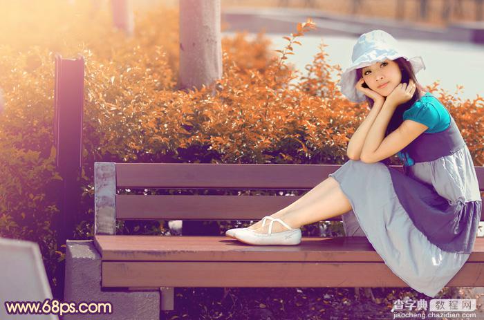 Photoshop为公园长凳上的美女加上唯美的深秋橙褐色2
