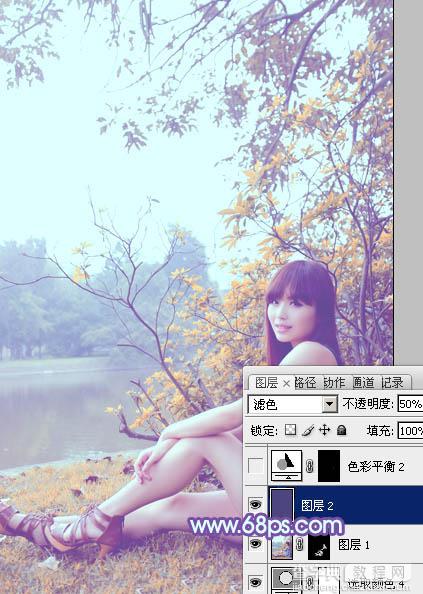 Photoshop为坐在河边的美女加上小清新的秋季橙黄色33