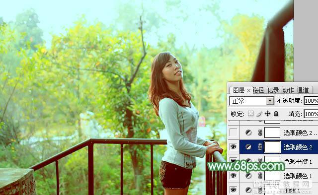 Photoshop为绿树中的美女加上清爽甜美的青绿色效果20