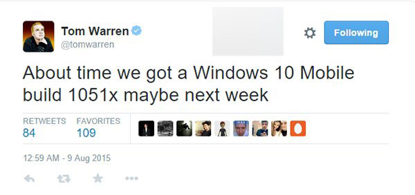 Win10 Mobile预览版最新是1051x(x代表某位数字)  预计本周推送1