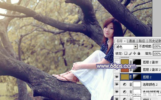 Photoshop为大树上的美女加上秋季晨曦蓝黄色效果19