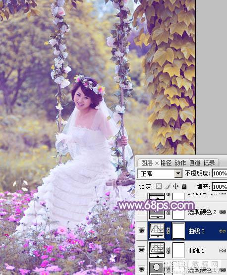 Photoshop将荡秋千的新娘图片增加唯美的淡调蓝黄色10