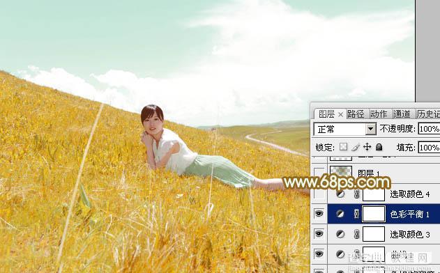 Photoshop为草坡上的美女调出秋季小清新的青黄色23