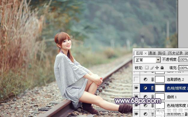 Photoshop为铁轨上的美女加上甜美的中性粉调蓝黄色18