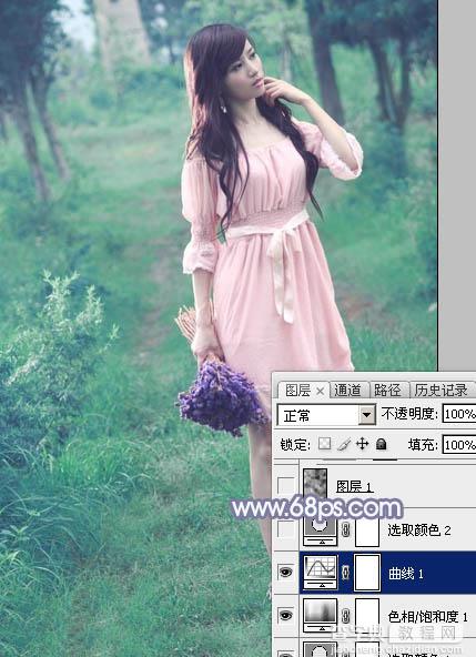 Photoshop给树林中的美女加上梦幻的青蓝色10