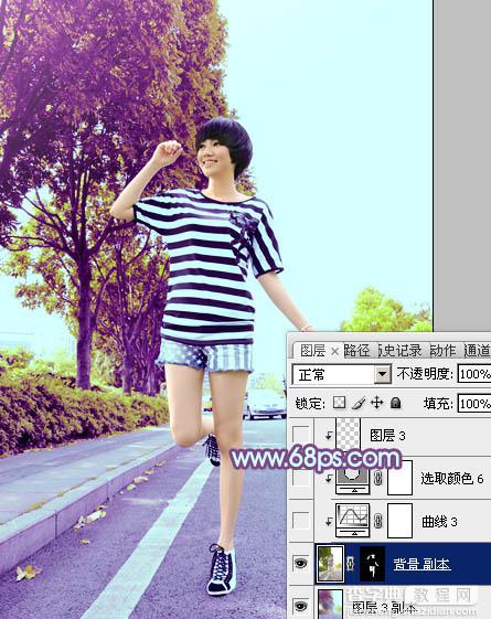 Photoshop将公路上的美女调制出清爽的紫绿色效果37