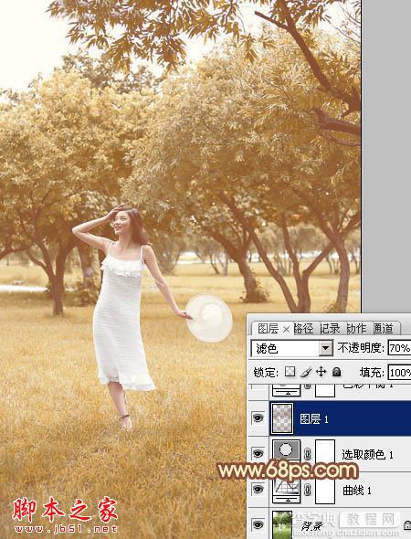 Photoshop将草地树林人物图片打造唯美的秋季淡黄色13