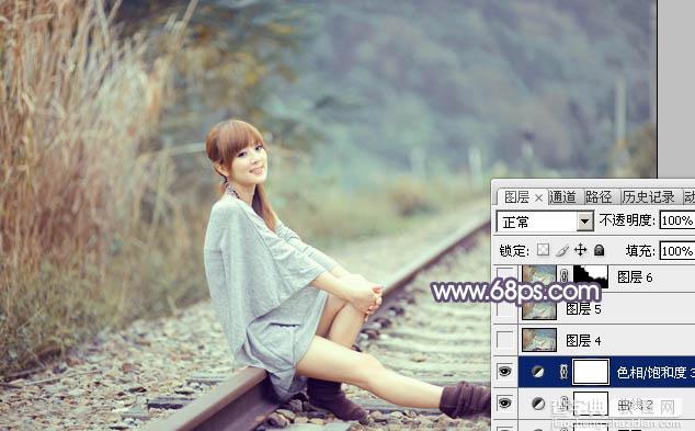 Photoshop为铁轨上的美女加上甜美的中性粉调蓝黄色37