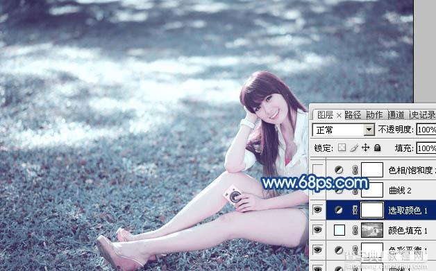photoshop利用通道替换打造唯美的青蓝色草地美女图片19