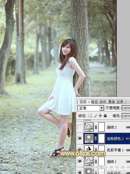 Photoshop将树林美女图片调制出柔和淡雅的黄绿色19