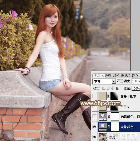 Photoshop将花坛边的美女加上漂亮的秋季暖褐色6