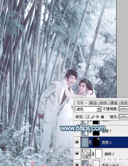 Photoshop为竹林婚片调制出梦幻复古的淡调青蓝色32