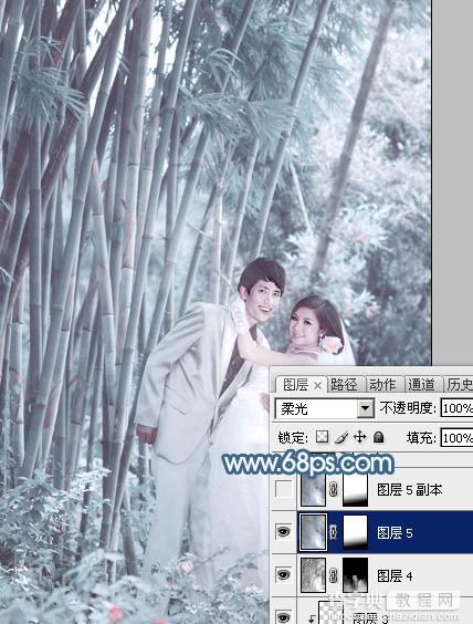 Photoshop为竹林婚片调制出梦幻复古的淡调青蓝色28