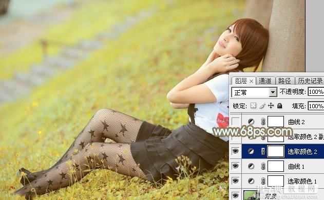 Photoshop将草地美女图片打造柔美的韩系粉黄色16