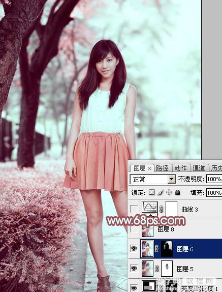 Photoshop为树下的美女图片调制出甜美的粉调青红色41