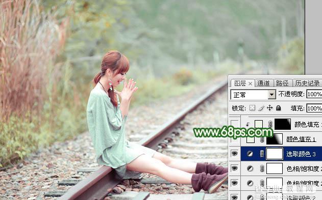 Photoshop为坐在铁轨的美女加上甜美的淡调粉绿色26