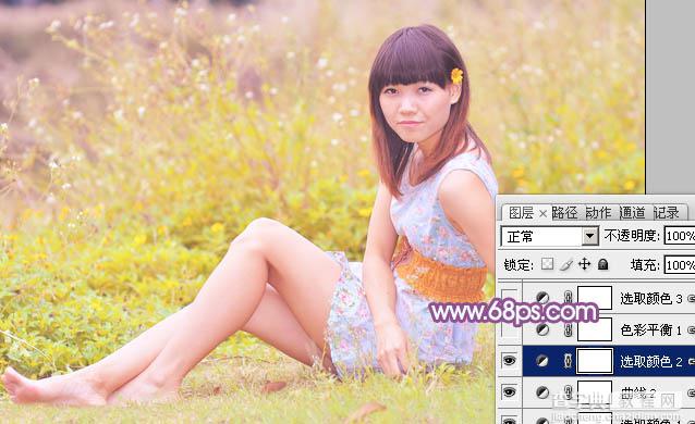 Photoshop将坐在草地上人物图片调制出淡淡的暖紫色14