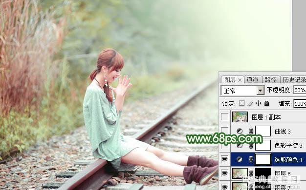 Photoshop为坐在铁轨的美女加上甜美的淡调粉绿色40