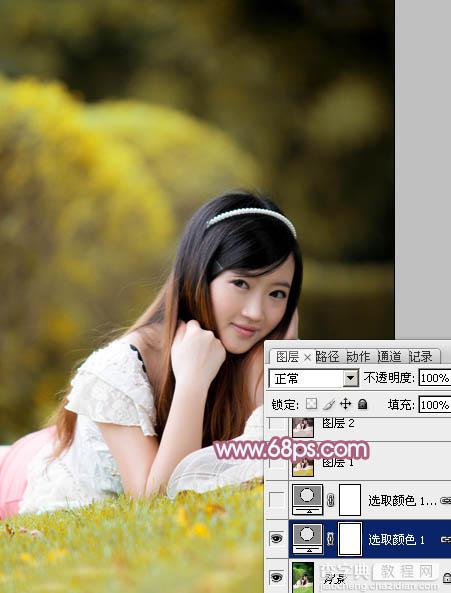 Photoshop将趴在草地上的美女图片增加小清新的粉红色5