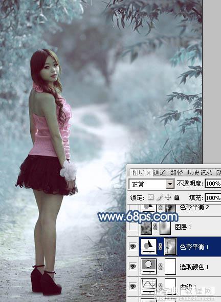 Photoshop为树景美女图片打造梦幻的冷调青蓝色15