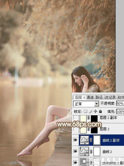 Photoshop为湖边戏水美女打造柔和淡美的红褐色26