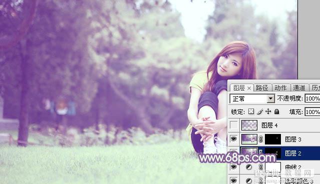 Photoshop将树林旁边草地上的美女图片增加柔和的绿紫色26