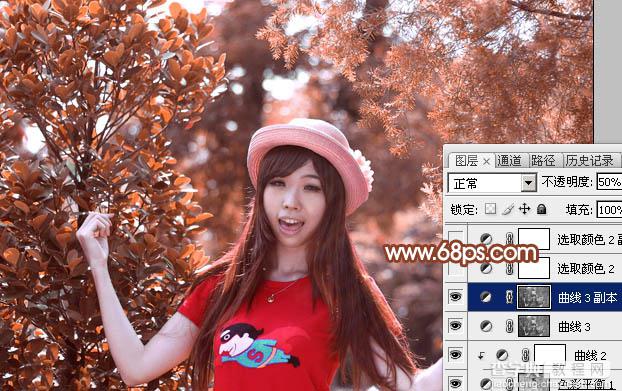 Photoshop打造唯美的橙红色树林人物图片27