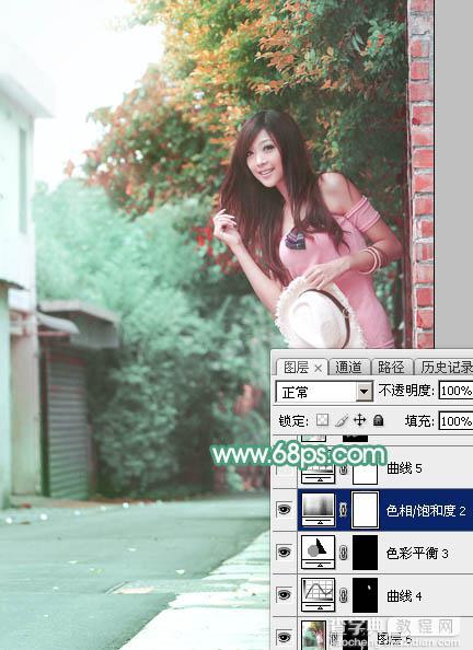 Photoshop为小路边的美女调制出甜美清爽的青红色41