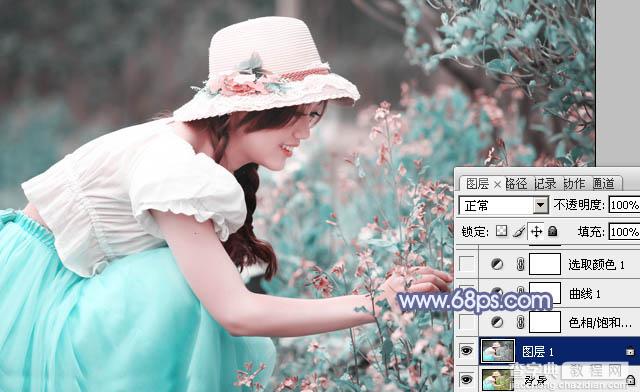 Photoshop将花草中的美女增加上冷艳的淡调青蓝色3