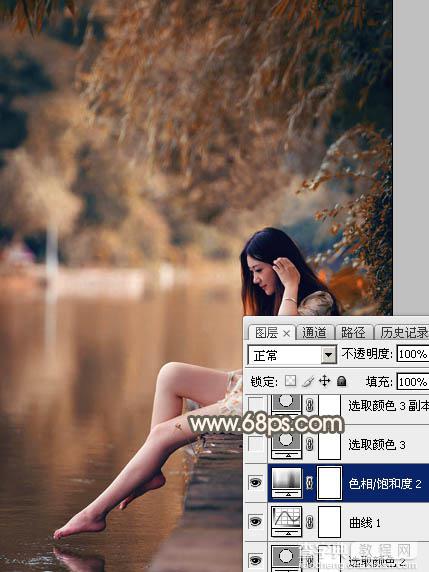 Photoshop为水边的美女图片加上暗调金秋色22