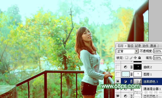 Photoshop为绿树中的美女加上清爽甜美的青绿色效果30
