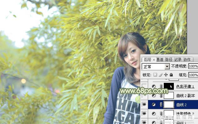 Photoshop为竹林边的美女加上甜美的淡调黄绿色20