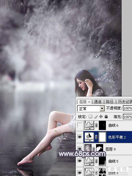 Photoshop将湖景美女图片打造出个性的中性暗蓝色40